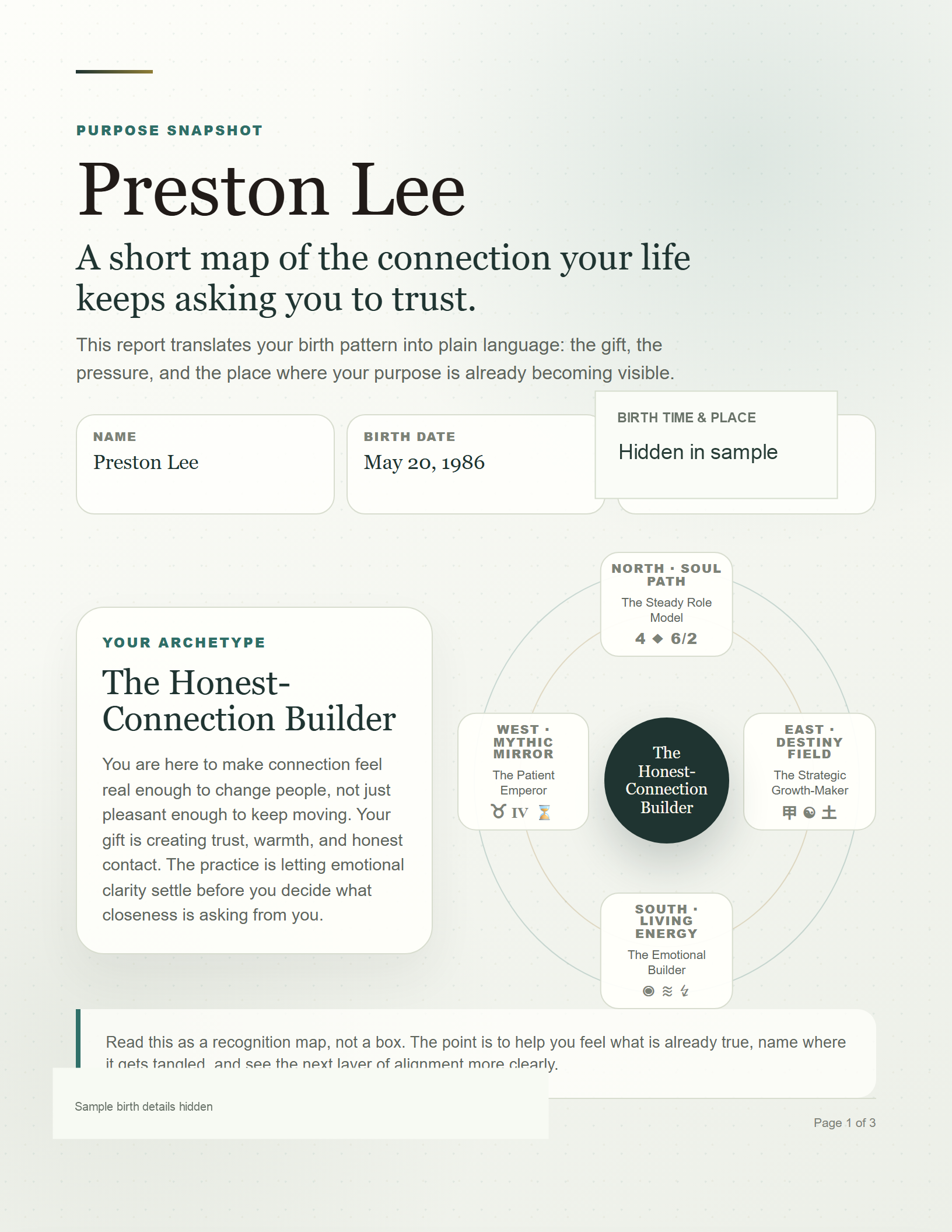 Sample Purpose Snapshot front page showing an archetype and purpose map
