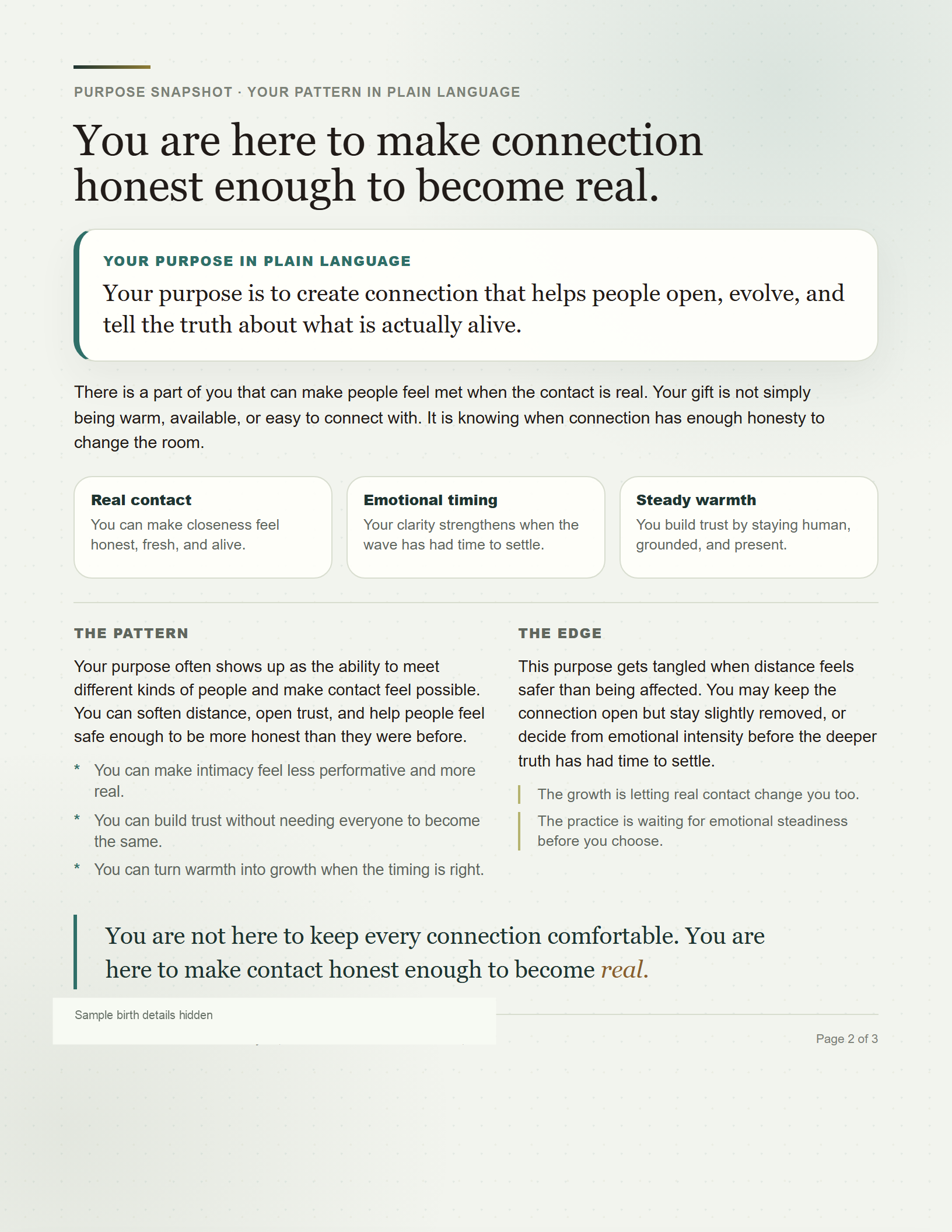 Sample Purpose Snapshot page showing a purpose statement in plain language and pattern notes
